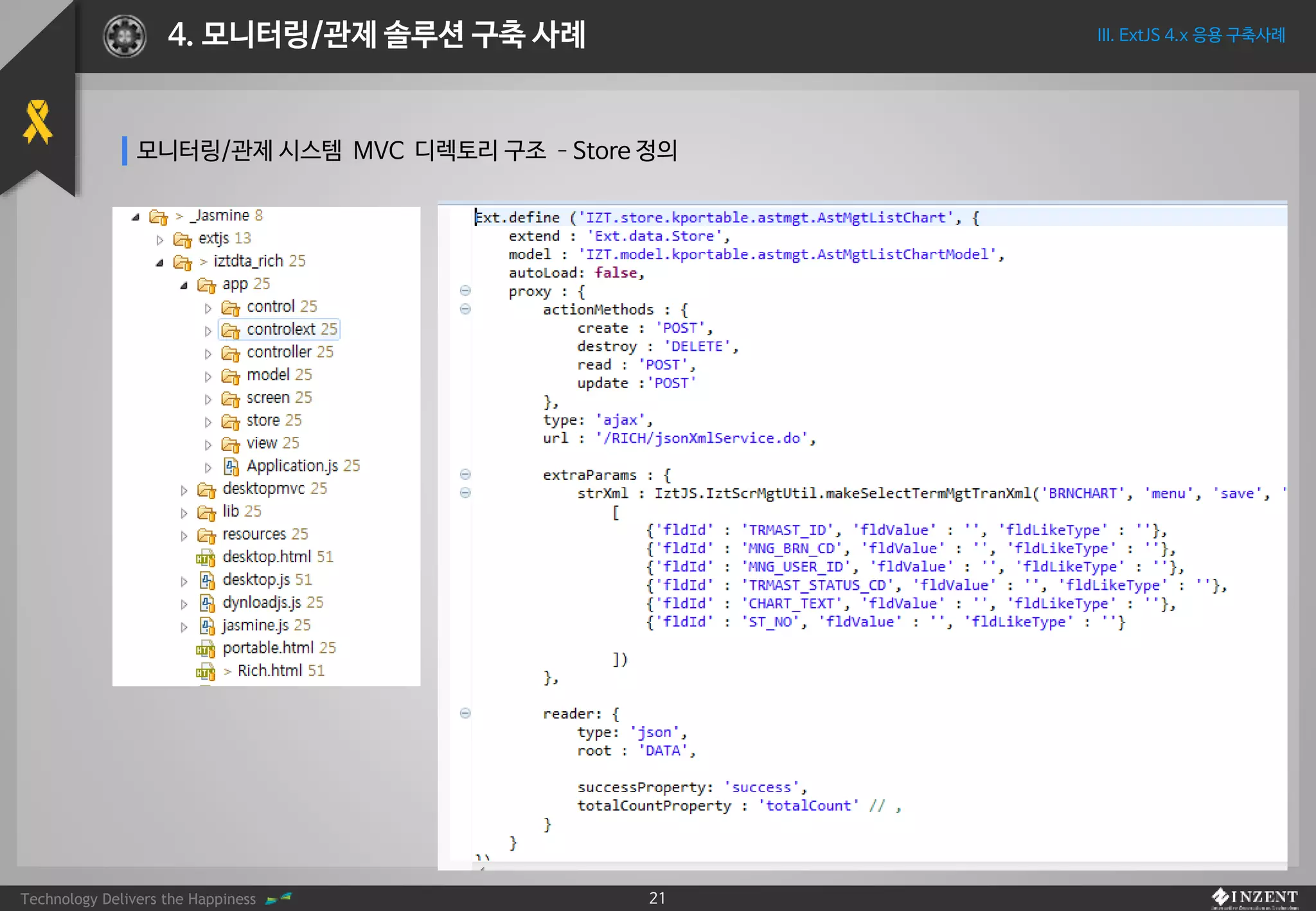 Technology Delivers the Happiness 21
III. ExtJS 4.x 응용 구축사례4. 모니터링/관제 솔루션 구축 사례
모니터링/관제 시스템 MVC 디렉토리 구조 –Store 정의
 