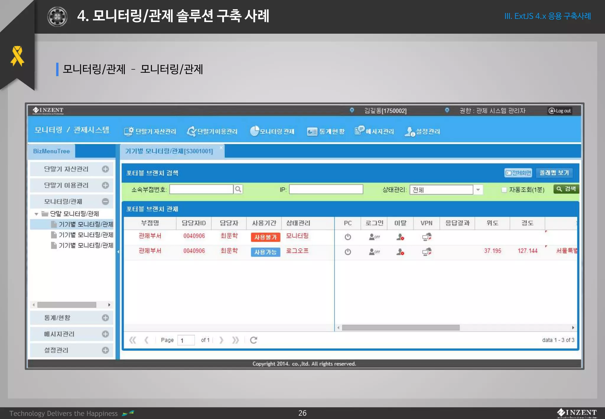 Technology Delivers the Happiness 26
III. ExtJS 4.x 응용 구축사례4. 모니터링/관제 솔루션 구축 사례
모니터링/관제 – 모니터링/관제
 