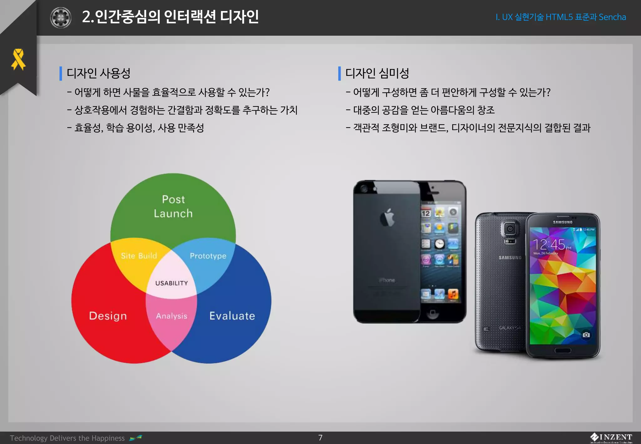 Technology Delivers the Happiness 7
I. UX 실현기술 HTML5 표준과 Sencha2.인간중심의 인터랙션 디자인
디자인 사용성
- 어떻게 하면 사물을 효율적으로 사용할 수 있는가?
- 상호작용에서 경험하는 간결함과 정확도를 추구하는 가치
- 효율성, 학습 용이성, 사용 만족성
디자인 심미성
- 어떻게 구성하면 좀 더 편안하게 구성할 수 있는가?
- 대중의 공감을 얻는 아름다움의 창조
- 객관적 조형미와 브랜드, 디자이너의 전문지식의 결합된 결과
 