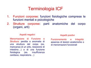 Terminologia ICF
1. Funzioni corporee: funzioni fisiologiche comprese le
funzioni mentali e psicologiche
2. Strutture corporee: parti anatomiche del corpo
(organi, arti)
Aspetti negativi
Menomazione di Funzione o
Struttura: perdita o anomalia di
una struttura del corpo (es.
mancanza di un arto, resezione di
intestino…) o di una funzione
fisiologica (es. insufficienza
cardiaca, respiratoria…)
Aspetti positivi
Funzionamento e Integrità:
assenza di lesioni anatomiche o
di menomazioni funzionali
 