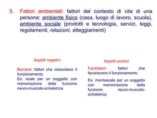 5. Fattori ambientali: fattori del contesto di vita di una
persona: ambiente fisico (casa, luogo di lavoro, scuola),
ambiente sociale (prodotti e tecnologia, servizi, leggi,
regolamenti, relazioni, atteggiamenti)
Aspetti negativi
Barriere: fattori che ostacolano il
funzionamento
Es: scale per un soggetto con
menomazione della funzione
neuro-muscolo-scheletrica
Aspetti positivi
Facilitatori: fattori che
favoriscono il funzionamento
Es: montascale per un soggetto
con menomazione della
funzione neuro-muscolo-
scheletrica
 