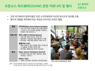 오픈소스 하드웨어(OSHW) 관련 커뮤니티 및 행사
IoT 분야의
오픈소스
• 오픈 하드웨어의 참여자들은 오픈 소프트웨어와 비슷한 방식으로 정보를 소통,
• 물리적 제품을 제작해야 하는 특성상 오프라인 모임도 활발
 
