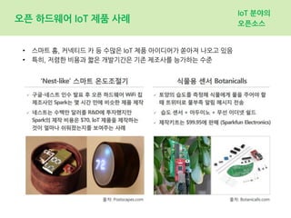 오픈 하드웨어 IoT 제품 사례
IoT 분야의
오픈소스
• 스마트 홈, 커넥티드 카 등 수많은 IoT 제품 아이디어가 쏟아져 나오고 있음
• 특히, 저렴한 비용과 짧은 개발기간은 기존 제조사를 능가하는 수준
 