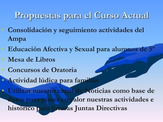 • Consolidación y seguimiento actividades del
Ampa
• Educación Afectiva y Sexual para alumnos de 5º
• Mesa de Libros
• Concursos de Oratoria
• Actividad lúdica para familias
• Utilizar nuestro canal de Noticias como base de
datos para poner en valor nuestras actividades e
histórico para futuras Juntas Directivas
Propuestas para el Curso Actual
 
