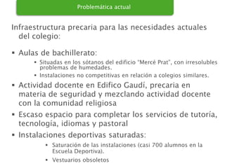 Infraestructura precaria para las necesidades actuales
del colegio:
 Aulas de bachillerato:
 Situadas en los sótanos del edificio “Mercé Prat”, con irresolubles
problemas de humedades.
 Instalaciones no competitivas en relación a colegios similares.
 Actividad docente en Edifico Gaudí, precaria en
materia de seguridad y mezclando actividad docente
con la comunidad religiosa
 Escaso espacio para completar los servicios de tutoría,
tecnología, idiomas y pastoral
 Instalaciones deportivas saturadas:
 Saturación de las instalaciones (casi 700 alumnos en la
Escuela Deportiva).
 Vestuarios obsoletos
Problemática actual
 