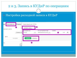 2 и 3. Запись в КУДиР по операциям
 Настройка расходной записи в КУДиР
 