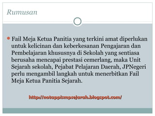 Rumusan
Fail Meja Ketua Panitia yang terkini amat diperlukan
untuk kelicinan dan keberkesanan Pengajaran dan
Pembelajaran khususnya di Sekolah yang sentiasa
berusaha mencapai prestasi cemerlang, maka Unit
Sejarah sekolah, Pejabat Pelajaran Daerah, JPNegeri
perlu mengambil langkah untuk menerbitkan Fail
Meja Ketua Panitia Sejarah.
http://notappismpsejarah.blogspot.com/http://notappismpsejarah.blogspot.com/
 