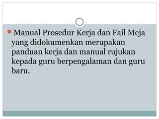 Manual Prosedur Kerja dan Fail Meja
yang didokumenkan merupakan
panduan kerja dan manual rujukan
kepada guru berpengalaman dan guru
baru.
 