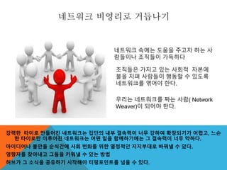 네트워크 비영리로 거듭나기
강력한 타이로 만들어진 네트워크는 집단의 내부 결속력이 너무 강하여 확장되기가 어렵고, 느슨
한 타이로만 이루어진 네트워크는 어떤 일을 함께하기에는 그 결속력이 너무 약하다.
아이디어나 불만을 순식간에 사회 변화를 위한 열정적인 지지부대로 바꿔낼 수 있다.
영향자를 찾아내고 그들을 키워낼 수 있는 방법
허브가 그 소식을 공유하기 시작해야 티핑포인트를 넘을 수 있다.
네트워크 속에는 도움을 주고자 하는 사
람들이나 조직들이 가득하다
조직들은 가지고 있는 사회적 자본에
불을 지펴 사람들이 행동할 수 있도록
네트워크를 엮어야 한다.
우리는 네트워크를 짜는 사람( Network
Weaver)이 되어야 한다.
 