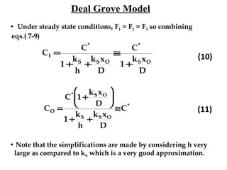 • Under steady state conditions, F1 = F2 = F3 so combining
eqs.( 7-9)
CI =
C*
1 +
kS
h
+
kSxO
D
≅
C*
1 +
kSxO
D
(10)
CO =
C*
1 +
kSxO
D






1 +
kS
h
+
kSxO
D
≅C*
(11)
• Note that the simplifications are made by considering h very
large as compared to kS which is a very good approximation.
Deal Grove Model
 