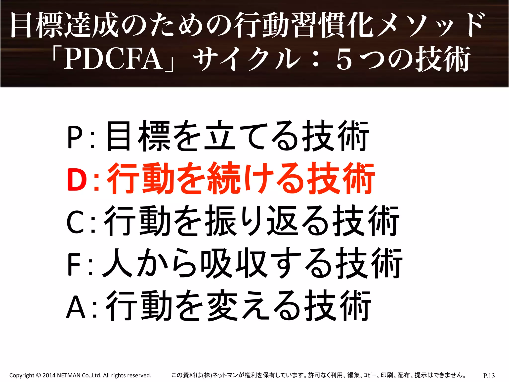 P.13	
  Copyright	
  ©	
  2014	
  NETMAN	
  Co.,Ltd.	
  All	
  rights	
  reserved.	
   この資料は(株)ネットマンが権利を保有しています。許可なく利用、編集、ｺﾋﾟｰ、印刷、配布、提示はできません。	
目標達成のための行動習慣化メソッド
 「PDCFA」サイクル：５つの技術
P：目標を立てる技術	
  
D：行動を続ける技術	
  
C：行動を振り返る技術	
  
F：人から吸収する技術	
  
A：行動を変える技術	
 