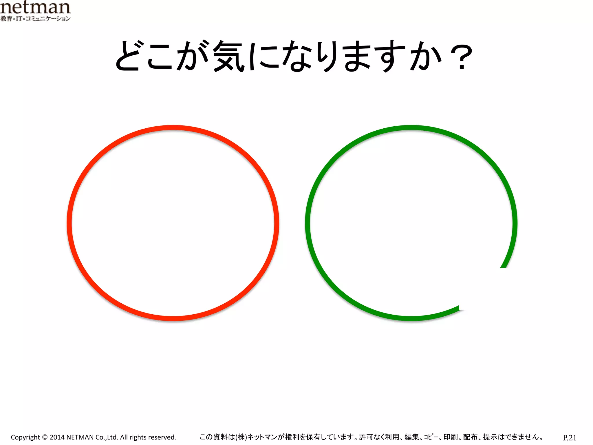 P.21	
  Copyright	
  ©	
  2014	
  NETMAN	
  Co.,Ltd.	
  All	
  rights	
  reserved.	
   この資料は(株)ネットマンが権利を保有しています。許可なく利用、編集、ｺﾋﾟｰ、印刷、配布、提示はできません。	
	
  
	
どこが気になりますか？	
 