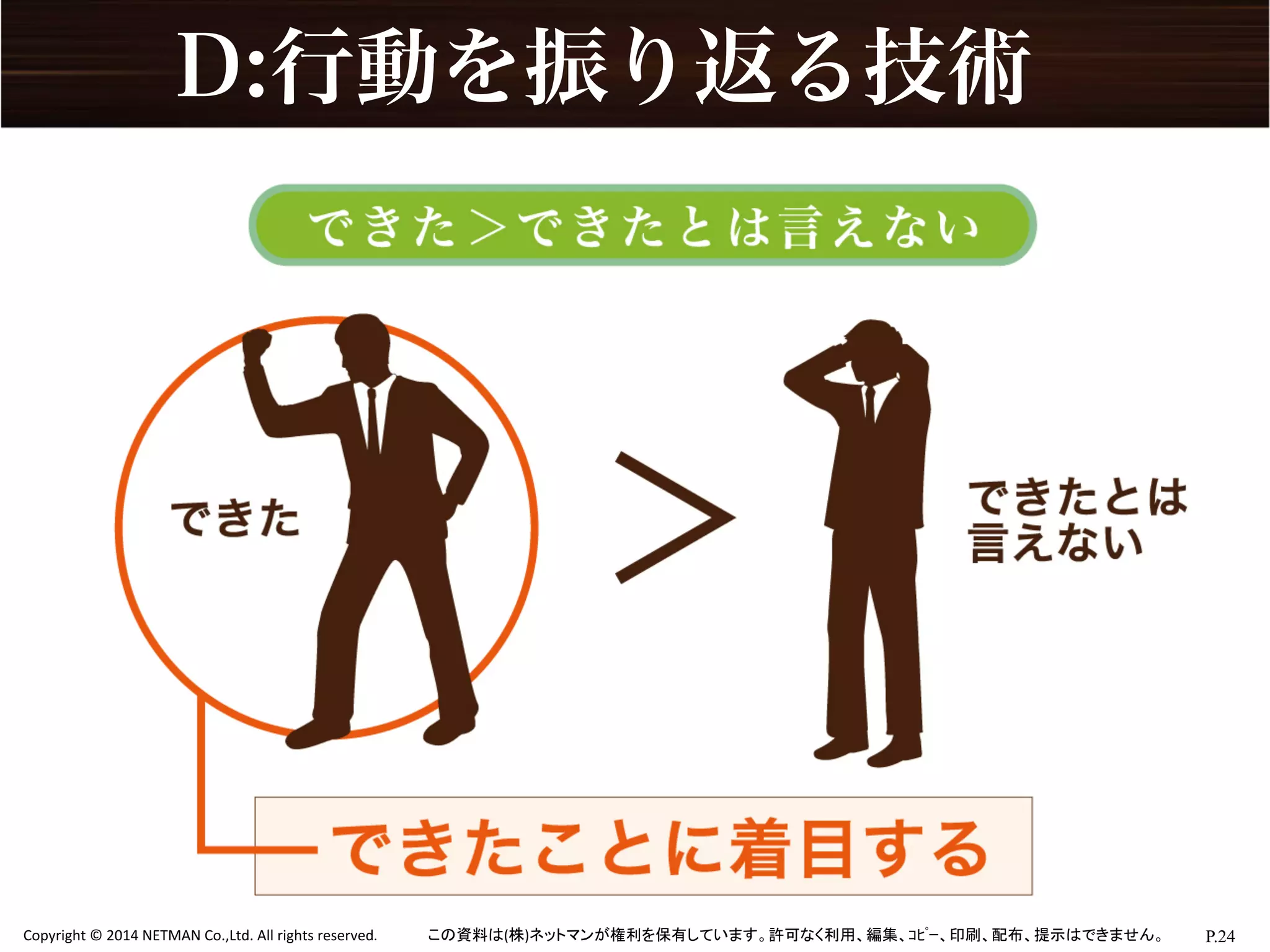 P.24	
  Copyright	
  ©	
  2014	
  NETMAN	
  Co.,Ltd.	
  All	
  rights	
  reserved.	
   この資料は(株)ネットマンが権利を保有しています。許可なく利用、編集、ｺﾋﾟｰ、印刷、配布、提示はできません。	
D:行動を振り返る技術
 