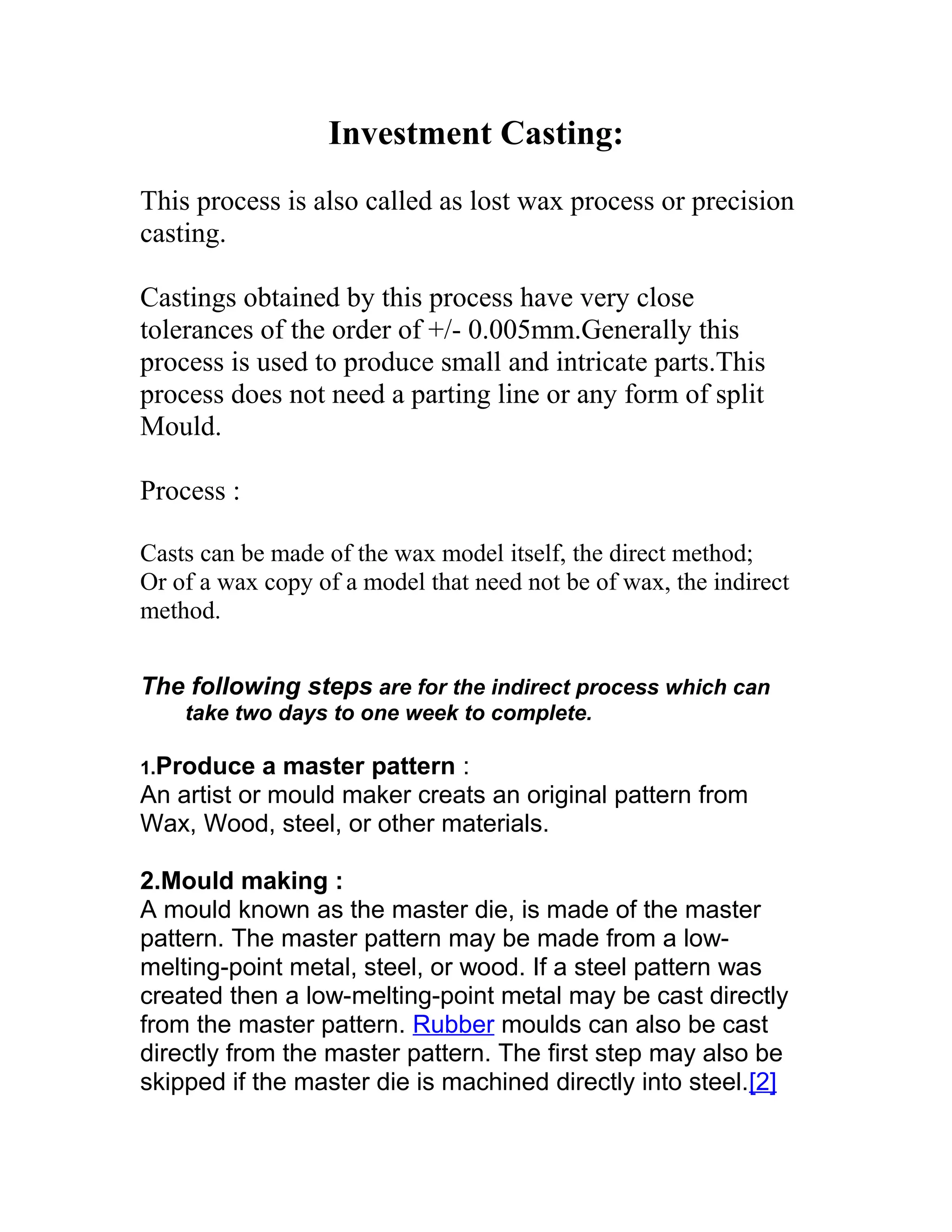 IIIE SECTION A MANUFACTURING TECHNOLOGY NOTES 6.investment casting | DOC