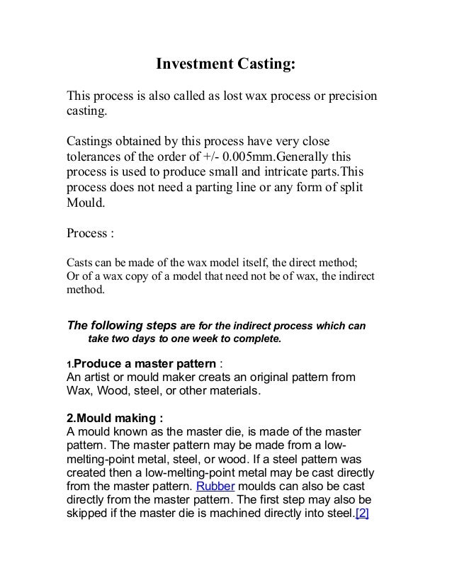 IIIE SECTION A MANUFACTURING TECHNOLOGY NOTES 6.investment casting