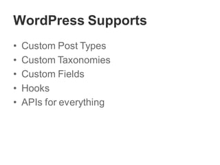 WordPress Supports
• Custom Post Types
• Custom Taxonomies
• Custom Fields
• Hooks
• APIs for everything
 