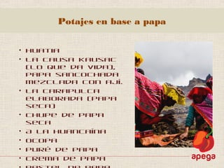Potajes en base a papa
• Huatia
• La causa kausac
(lo que da vida),
papa sancochada
mezclada con ají.
• La carapulca
elaborada (papa
seca)
• Chupe de papa
seca
• A la Huancaína
• Ocopa
• Puré de papa
• Crema de papa
 