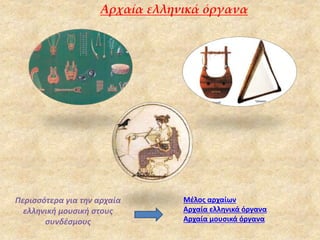 Μέλος αρχαίων
Αρχαία ελληνικά όργανα
Αρχαία μουσικά όργανα
Αρχαία ελληνικά όργανα
Περισσότερα για την αρχαία
ελληνική μουσική στους
συνδέσμους
 