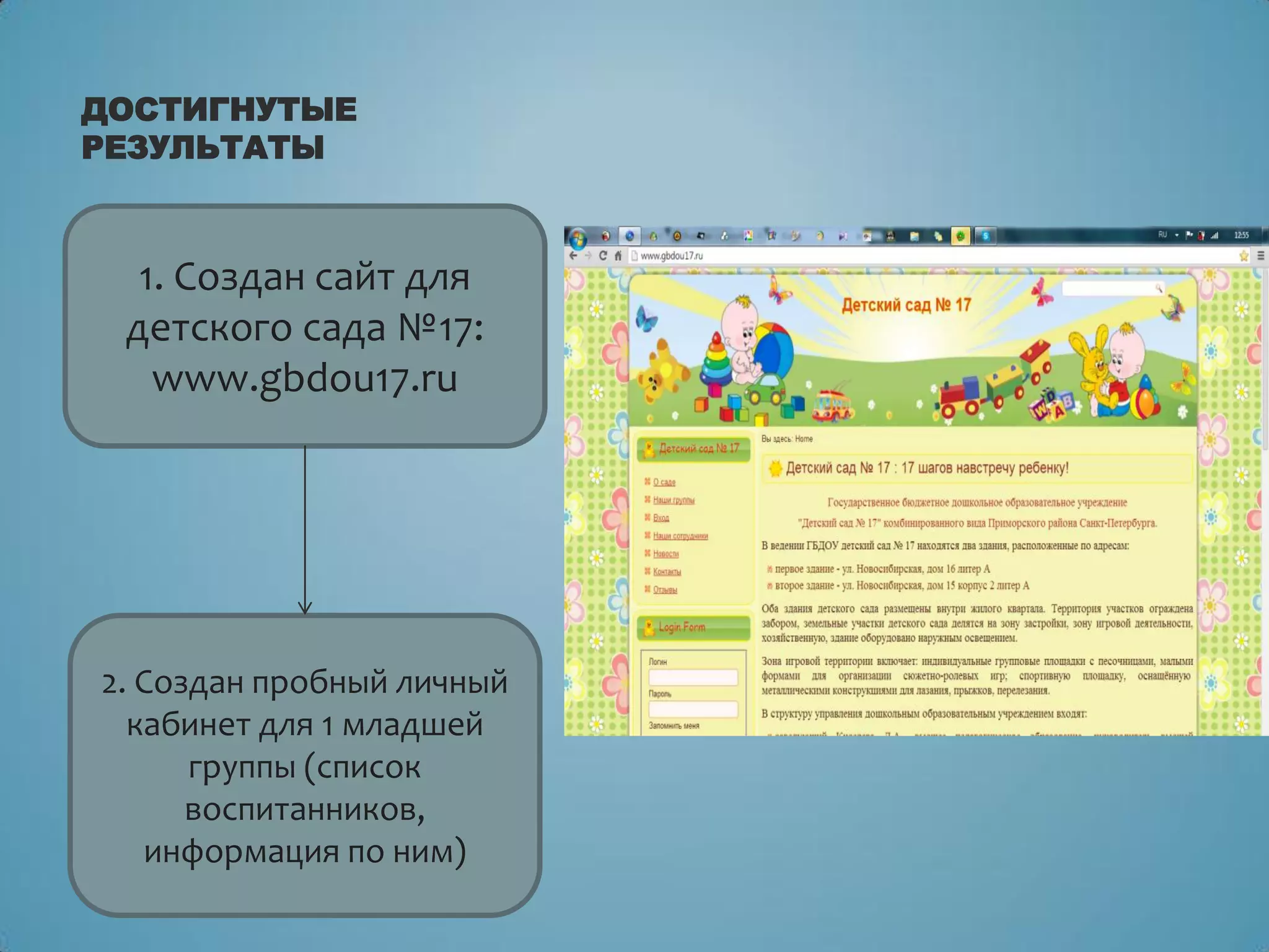 ДОСТИГНУТЫЕ
РЕЗУЛЬТАТЫ
1. Создан сайт для
детского сада №17:
www.gbdou17.ru
2. Создан пробный личный
кабинет для 1 младшей
группы (список
воспитанников,
информация по ним)
 