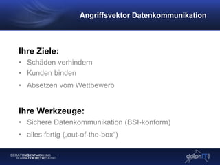 Ihre Ziele:
• Schäden verhindern
• Kunden binden
• Absetzen vom Wettbewerb
Ihre Werkzeuge:
• Sichere Datenkommunikation (BSI-konform)
• alles fertig („out-of-the-box“)
Angriffsvektor Datenkommunikation
 