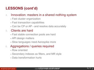 © 2014 Aerospike. All rights reserved. Confidential 19
LESSONS (cont’d)
4.  Innovation: masters in a shared nothing system
■  Fast cluster organization
■  Fast transaction capabilities
■  Can be CP or AP - and resolve data accurately
5.  Clients are hard
■  Fast stable connection pools are hard
■  API design matters
■  Slow languages need Aerospike more
6.  Aggregations / queries required
■  Row oriented
■  Secondary indexes as filters, and MR style
■  Data transformation hurts
© 2013 Aerospike. All rights reserved Pg. 19
 