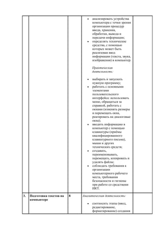  анализировать устройства
компьютера с точки зрения
организации процедур
ввода, хранения,
обработки, вывода и
передачи информации;
 определять технические
средства, с помощью
которых может быть
реализован ввод
информации (текста, звука,
изображения) в компьютер.
Практическая
деятельность:
 выбирать и запускать
нужную программу;
 работать с основными
элементами
пользовательского
интерфейса: использовать
меню, обращаться за
справкой, работать с
окнами (изменять размеры
и перемещать окна,
реагировать на диалоговые
окна);
 вводить информацию в
компьютер с помощью
клавиатуры (приёмы
квалифицированного
клавиатурного письма),
мыши и других
технических средств;
 создавать,
переименовывать,
перемещать, копировать и
удалять файлы;
 соблюдать требования к
организации
компьютерного рабочего
места, требования
безопасности и гигиены
при работе со средствами
ИКТ.
3. Подготовка текстов на
компьютере
8 Аналитическая деятельность:
 соотносить этапы (ввод,
редактирование,
форматирование) создания
 