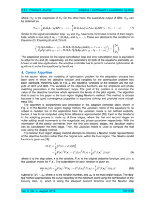 output of the error cancellation loop, there are D2 and G2 which represent the gains for photode-
tector 2 and constant gain 2, respectively.
If A1 and 1 are well adjusted such that A1 ¼ D1G1L1 and 1 ¼ , the output of the signal can-
cellation loop, SA will contain only the distortion and the pilot signal
SA ¼ ÀD1G1L1ﬀp À D1G1Vd : (1)
On the other hand, if A2 and 2 are well adjusted such that A2 ¼ 1=D1G1L2 and 2 ¼ À 