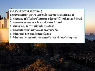 ตัวอย่างโครงงานจาลองทฤษฎี 
1.การทดลองปัจจัยต่างๆ ในการเลยี้งปลานิลดว้ยคอมพิวเตอร์ 
2. การทดลองปัจจัยต่างๆ ในการเพาะปลูกแกว้มังกรดว้ยคอมพิวเตอร์ 
3. การทดลองผสมสารเคมีต่างๆ ดว้ยคอมพิวเตอร์ 
4. ปัจจัยต่างๆ กับการเคลอื่นทขี่องเครอื่งบิน 
5. ผลการปลูกขา้วในสภาวะแวดลอ้มทตี่่างกัน 
6. โปรแกรมสังเคราะห์เสียงพูดเบอื้งตน้ 
7. โปรแกรมจาลองการทางานของเครื่องคอมพิวเตอร์ส่วนบุคคล 
 