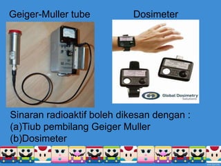 Geiger-Muller tube
Sinaran radioaktif boleh dikesan dengan :
(a)Tiub pembilang Geiger Muller
(b)Dosimeter
Dosimeter
 