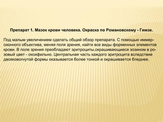 Препарат 1. Мазок крови человека. Окраска по Романовскому - Гимзе. 
Под малым увеличением сделать общий обзор препарата. С помощью иммер- 
сионного объектива, меняя поля зрения, найти все виды форменных элементов 
крови. В поле зрения преобладают эритроциты,окрашивающиеся эозином в ро- 
зовый цвет - оксифильно. Центральная часть каждого эритроцита вследствие 
двояковогнутой формы оказывается более тонкой и окрашивается бледнее. 
 