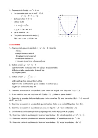 3.- Representar la función y = x
2
– 4x + 4
• Los puntos de corte con el eje X : (2, 0)
x
2
– 4x + 4 = 0 ⇒ x = 2
• Corte con el eje Y: (0 ,4)
• Vértice: (2, 0)
o 2
2
4
a2
bxv =−−=−=
o yv = 22 – 4·2 + 4 = 0
• Eje de simetría: x = 2
• Otro punto de la parábola es (4, 4)
Para x = 4 ⇒ y = 16 –16 + 4 = 4
0
1
2
3
4
5
6
7
8
9
10
-1 0 1 2 3 4 5
x
y
Actividades
1. - Representa la siguiente parábola y = x
2
– 3x + 2, indicando:
- Vértice
- Desplazamiento vertical
- Desplazamiento horizontal
- Coeficiente de abertura.
- Intervalo donde toma valores positivos.
2.- Dada la función: y = -4x
2
– 4x – 1
a) Determina los puntos de corte con los ejes de coordenadas.
b) Determina las coordenadas de su vértice.
c) Dibuja su gráfica.
3.- Dada la función 3x2
2
x
=y
2
−+− :
a) Dibuja la gráfica, calculando el vértice.
b) Demuestra analíticamente que la parábola no corta al eje X.
c) ¿En qué punto corta al eje Y?
4.- Determina la ecuación de una parábola cuyos cortes con el eje X sean los puntos (1,0) y (3,0).
5.- Si una parábola pasa por los puntos A(2,-3) y B(-1,-3), ¿cuál es su eje de simetría?
6.- Determina la ecuación de la parábola cuyos cortes con el eje OX sean los puntos (-2,0) y (3,0) y con el
eje OY sea (0,4).
7.- Determina la ecuación de una parábola que corte al eje X sólo en el punto (2,0) y al eje Y en (0,6).
8.- Determina la ecuación de la parábola que pasa por el punto (1,3) y cuyo vértice es (-1,-5)
9.- Encontrar la ecuación de la parábola que pasa por los puntos A(0,0), B(4,-4) y C(8,0).
10.- Determina mediante qué traslación llevamos la parábola y = 3x
2
sobre la parábola y = 3x
2
– 9x + 4 .
11.- Determina mediante qué traslación llevamos la parábola y = x
2
sobre la parábola y = x
2
– 3x
12.- Determina mediante qué traslación llevamos la parábola y = 2x
2
sobre la parábola y = 2x
2
+ 3
 