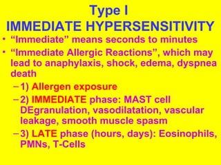 Type I 
IMMEDIATE HYPERSENSITIVITY 
• “Immediate” means seconds to minutes 
• “Immediate Allergic Reactions”, which may 
lead to anaphylaxis, shock, edema, dyspnea 
death 
– 1) Allergen exposure 
– 2) IMMEDIATE phase: MAST cell 
DEgranulation, vasodilatation, vascular 
leakage, smooth muscle spasm 
– 3) LATE phase (hours, days): Eosinophils, 
PMNs, T-Cells 
 