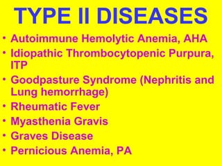 TYPE II DISEASES 
• Autoimmune Hemolytic Anemia, AHA 
• Idiopathic Thrombocytopenic Purpura, 
ITP 
• Goodpasture Syndrome (Nephritis and 
Lung hemorrhage) 
• Rheumatic Fever 
• Myasthenia Gravis 
• Graves Disease 
• Pernicious Anemia, PA 
 