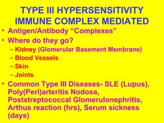 TYPE III HYPERSENSITIVITY 
IMMUNE COMPLEX MEDIATED 
• Antigen/Antibody “Complexes” 
• Where do they go? 
– Kidney (Glomerular Basement Membrane) 
– Blood Vessels 
– Skin 
– Joints 
• Common Type III Diseases- SLE (Lupus), 
Poly(Peri)arteritis Nodosa, 
Poststreptococcal Glomerulonephritis, 
Arthus reaction (hrs), Serum sickness 
(days) 
 