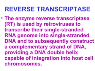 REVERSE TRANSCRIPTASE 
• The enzyme reverse transcriptase 
(RT) is used by retroviruses to 
transcribe their single-stranded 
RNA genome into single-stranded 
DNA and to subsequently construct 
a complementary strand of DNA, 
providing a DNA double helix 
capable of integration into host cell 
chromosomes. 
 