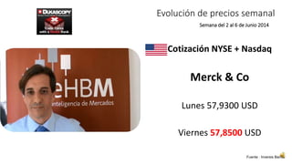 Evolución de precios semanal 
Semana del 2 al 6 de Junio 2014 
Cotización NYSE + Nasdaq 
Merck & Co 
Lunes 57,9300 USD 
Viernes 57,8500 USD 
Fuente : Inversis Banco 
 