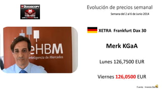 Evolución de precios semanal 
Semana del 2 al 6 de Junio 2014 
XETRA Frankfurt Dax 30 
Merk KGaA 
Lunes 126,7500 EUR 
Viernes 126,0500 EUR 
Fuente : Inversis Banco 
 