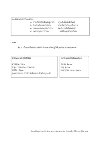 วิเคราะห์ข้อสอบ O-NET ปีการศึกษา ๒๕๕๖ กลุ่มสาระภาษาไทย ชั้นประถมศึกษาปีที่ ๖ สพป.บุรีรัมย์ เขต ๑ 
๒๐.ข้อใดแสดงถึงประเพณีไทย 
๑. บายศรีตั้งพรั่งพร้อมน้อมคานับ เจริญรับมิ่งขวัญราพันไป 
๒. จึงเย็บไถ้ใส่ขนมกับส้มลิ้ม ทั้งแช่อิ่มจันอับลูกพลับหวาน 
๓. ขอเดชะพระไพรข้าไหว้กราบ ช่วยการาบเสือสิงห์มหิงสา 
๔. จะบนหมูสุราร่าว่าครบ ขอให้พบลูกตัวทูนหัวเอ๋ย 
เฉลย 
ข้อ ๑ เนื่องจากเป็นข้อความที่กล่าวถึงประเพณีที่ปฏิบัติสืบต่อกันมาตั้งแต่บรรพบุรุษ 
ลักษณะเฉพาะของข้อสอบ 
มาตรฐาน : ท ๕.๑ 
สาระ : วรรณคดีและวรรณกรรม 
ตัวชี้วัด : ป.๖/๑ 
รูปแบบข้อสอบ : ปรนัยชนิดเลือกตอบ ตัวเลือกถูก ๑ ตัว 
ระดับ ร้อยละนักเรียนตอบถูก 
ประเทศ ๕๑.๑๑ 
สพฐ. ๕๐.๒๑ 
สพป.บุรีรัมย์ เขต ๑ ๕๔.๙๖ 
 