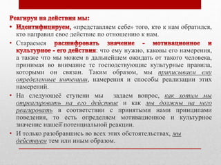 «представляем себе» того, кто к нам обратился, 
кто направил свое действие по отношению к нам. 
• Стараемся 
: что ему нужно, каковы его намерения, 
а также что мы можем в дальнейшем ожидать от такого человека, 
принимая во внимание те господствующие культурные правила, 
которыми он связан. Таким образом, мы приписываем ему 
определенные интенции, намерения и способы реализации этих 
намерений. 
• На следующеӗ ступени мы задаем вопрос, как хотим мы 
отреагировать на его действие и как мы должны на него 
реагировать в соответствии с принятыми нами принципами 
поведения, то есть определяем мотивационное и культурное 
значение нашей̆ потенциальной реакции. 
• И только разобравшись во всех этих обстоятельствах, мы 
действуем тем или иным образом. 
 