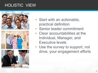 10 
•Start with an actionable, practical definition 
•Senior leader commitment 
•Clear accountabilities at the Individual, Manager, and Executive levels 
•Use the survey to support, not drive, your engagement efforts 
HOLISTIC VIEW  