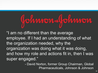 36 
“I am no different than the average employee.If I had an understanding of what the organization needed, why the organization was doing what it was doing, and how my role and actions fit in, then I was super engaged.” 
-David Norton, former Group Chairman, Global Pharmaceuticals, Johnson & Johnson  