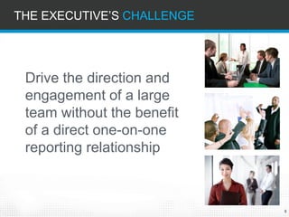 8 
THE EXECUTIVE’S CHALLENGE 
Drive the direction and engagement of a large team without the benefit of a direct one-on-one reporting relationship  