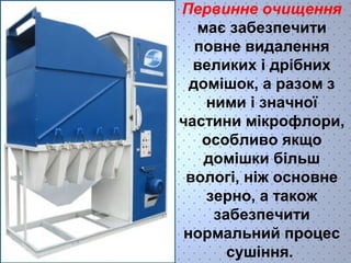 Первинне очищення 
має забезпечити 
повне видалення 
великих і дрібних 
домішок, а разом з 
ними і значної 
частини мікрофлори, 
особливо якщо 
домішки більш 
вологі, ніж основне 
зерно, а також 
забезпечити 
нормальний процес 
сушіння. 
 