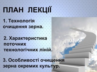 ПЛАН ЛЕКЦІЇ 
1. Технологія 
очищення зерна. 
2. Характеристика 
поточних 
технологічних ліній. 
3. Особливості очищення 
зерна окремих культур. 
 