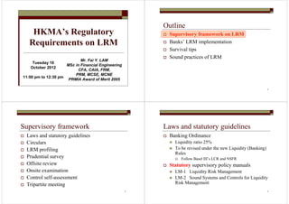 HKMA’s Regulatory 
Requirements on LRM 
Mr. Fai Y. LAM 
MSc in Financial Engineering 
CFA, CAIA, FRM, 
PRM, MCSE, MCNE 
PRMIA Award of Merit 2005 
Tuesday 16 
October 2012 
11:00 pm to 12:30 pm 
2 
Outline 
 Supervisory framework on LRM 
 Banks’ LRM implementation 
 Survival tips 
 Sound practices of LRM 
3 
Supervisory framework 
 Laws and statutory guidelines 
 Circulars 
 LRM profiling 
 Prudential survey 
 Offsite review 
 Onsite examination 
 Control self-assessment 
 Tripartite meeting 
4 
Laws and statutory guidelines 
 Banking Ordinance 
 Liquidity ratio 25% 
 To be revised under the new Liquidity (Banking) 
Rules 
 Follow Basel III’s LCR and NSFR 
 Statutory supervisory policy manuals 
 LM-1 Liquidity Risk Management 
 LM-2 Sound Systems and Controls for Liquidity 
Risk Management 
 