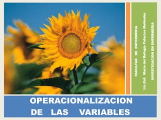 OPERACIONALIZACION 
DE LAS VARIABLES 
FACULTAD DE ENFERMERIA 
Lic.Enf. María del Refugio Palacios Meléndez 
INVESTIGACION EN ENFERMERIA 
 