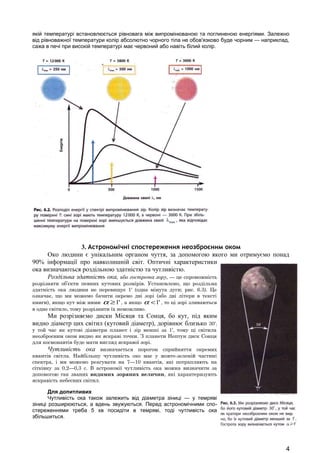 якій температурі встановлюється рівновага між випромінюваною та поглиненою енергіями. Залежно 
від рівноважної температури колір абсолютно чорного тіла не обов'язково буде чорним — наприклад, 
сажа в печі при високій температурі має червоний або навіть білий колір. 
3. Астрономічні спостереження неозброєним оком 
Око людини є унікальним органом чуття, за допомогою якого ми отримуємо понад 
90% інформації про навколишній світ. Оптичні характеристики 
ока визначаються роздільною здатністю та чутливістю. 
Роздільна здатність ока, або гострота зору, — це спроможність 
розрізняти об’єкти певних кутових розмірів. Установлено, що роздільна 
здатність ока людини не перевищує 1' (одна мінута дуги; рис. 6.3). Це 
означає, що ми можемо бачити окремо дві зорі (або дві літери в тексті 
книги), якщо кут між ними a ³1' , а якщо a <1' , то ці зорі зливаються 
в одне світило, тому розрізнити їх неможливо. 
Ми розрізняємо диски Місяця та Сонця, бо кут, під яким 
видно діаметр цих світил (кутовий діаметр), дорівнює близько 30', 
у той час як кутові діаметри планет і зір менші за 1', тому ці світила 
неозброєним оком видно як яскраві точки. З планети Нептун диск Сонця 
для космонавтів буде мати вигляд яскравої зорі. 
Чутливість ока визначається порогом сприйняття окремих 
квантів світла. Найбільшу чутливість око має у жовто-зеленій частині 
спектра, і ми можемо реагувати на 7—10 квантів, які потрапляють на 
сітківку за 0,2—0,3 с. В астрономії чутливість ока можна визначити за 
допомогою так званих видимих зоряних величин, які характеризують 
яскравість небесних світил. 
Для допитливих 
Чутливість ока також залежить від діаметра зіниці — у темряві 
зіниці розширюються, а вдень звужуються. Перед астрономічними спо- 
стереженнями треба 5 хв посидіти в темряві, тоді чутливість ока 
збільшиться. 
4 
 