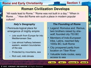 Rome and Early Christianity Section 1 
Roman Civilization Develops 
“All roads lead to Rome.” “Rome was not built in a day.” “When in 
Rome . . .” How did Rome win such a place in modern popular 
culture? 
Italy’s Geography 
• Peninsula logical place for 
emergence of mighty empire 
– Juts south from Europe far into 
Mediterranean Sea 
– Lies almost halfway between 
eastern, western boundaries 
of the sea 
– Protected by mountains, sea 
– Rich soil, mild climate 
The Founding of Rome 
• Legend: Romulus and Remus, 
twin brothers raised by she-wolf; 
founded city 753 BC 
• Members of Indo-European 
tribe, Latins, reached Italy 
1000s BC; built Rome 
• City prospered partly from 
location on Tiber River 
• Valuable trade routes, easy 
access to sea 
 