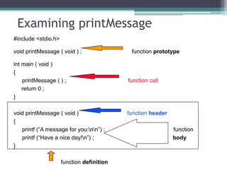 Examining printMessage 
#include <stdio.h> 
void printMessage ( void ) ; function prototype 
int main ( void ) 
{ 
printMessage ( ) ; function call 
return 0 ; 
} 
void printMessage ( void ) function header 
{ 
printf (“A message for you:nn”) ; function 
printf (“Have a nice day!n”) ; body 
} 
function definition 
 