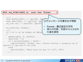 BOOL sub_403E10(BOOL a1, const char *Format, ...) 
{ 
…….. 
char Buffer[260]; // [sp+18h] [bp-208h]@7 // Overflow 2 
char Dest[260]; // [sp+11Ch] [bp-104h]@4 // Overflow 1 
va_list va; // [sp+22Ch] [bp+Ch]@1 
va_start(va, Format); 
…….. 
if ( v2 >= a1 && Format && hObject != (HANDLE)-1 ) 
{ 
memset(Dest, 0, 0x100u); 
Dest[256] = 0; 
if ( strlen(Format) < 0x100 ) 
vsprintf(Dest, Format, va); //Buffer Overflow 1: Dangerous use of 
vsprintf to copy data to the stack 
else 
sprintf(Dest, "data size too big (>= %i)", 256); 
…….. 
Copyright©2 20 014JPCERT/CC All rights reserved. 
ログメッセージを書き出す関数 
• Format：書式指定文字列 
• 残りの引数：外部から入力され 
た値を使用 
 